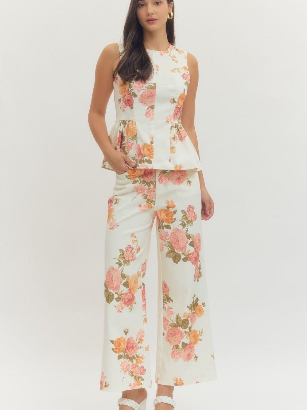 NWT Sleeveless Denim Floral Peplum Top - Pink & Peach Roses Size Medium - Picture 5 of 5